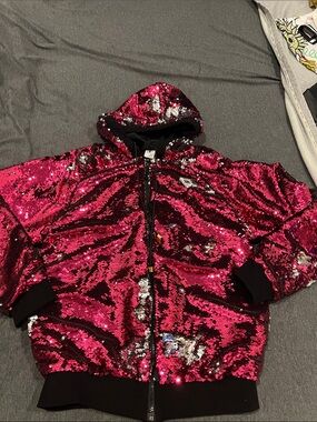 Slick It Up Pink/Silver Sequin Zip-Up Hoodie Jacket Mens sm/med